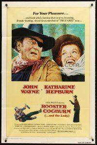 6y740 ROOSTER COGBURN 1sh '75 great art of John Wayne with eyepatch & Katharine Hepburn!