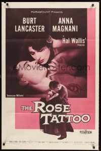 6y741 ROSE TATTOO 1sh '55 Burt Lancaster, Anna Magnani, written by Tennessee Williams!