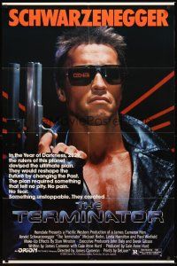 6y886 TERMINATOR 1sh '84 super close up of most classic cyborg Arnold Schwarzenegger with gun!