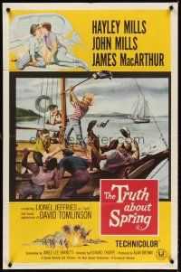 6y922 TRUTH ABOUT SPRING 1sh '65 Richard Thorpe directed, Hayley Mills w/father John Mills!