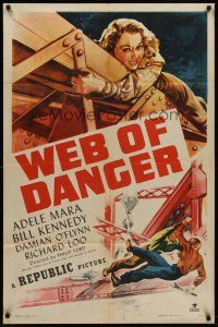 6y969 WEB OF DANGER 1sh '47 cool art of sexy Adele Mara in trouble high up in the sky!