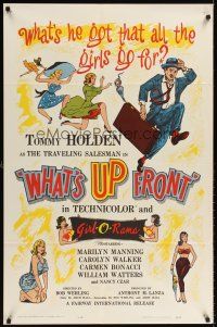 6y979 WHAT'S UP FRONT 1sh '64 Tommy Holden as bra salesman, wacky & sexy artwork!