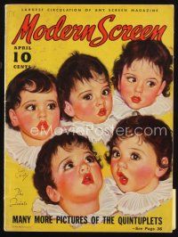 7a133 MODERN SCREEN magazine April 1936 art of the adorable Dionne Quintuplets by Earl Christy!