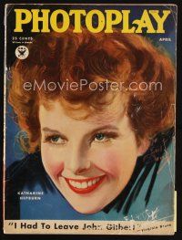 7a096 PHOTOPLAY magazine April 1934 artwork of smiling Katharine Hepburn by Earl Christy!
