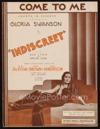 7a350 INDISCREET sheet music '31 sexy image of Gloria Swanson, Come to Me!
