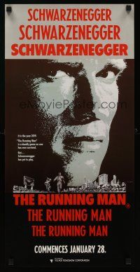 7b029 RUNNING MAN teaser Aust daybill '87 huge close up headshot of Arnold Schwarzenegger!