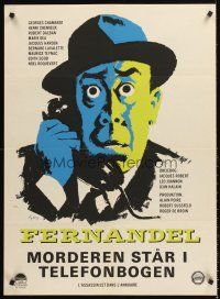 7b304 ASSASSIN IN THE PHONEBOOK Danish '62 great wacky art of Fernandel on telephone!