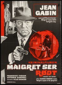 7b332 MAIGRET SEES RED Danish '63 art of Jean Gabin as detective Jules Maigret!
