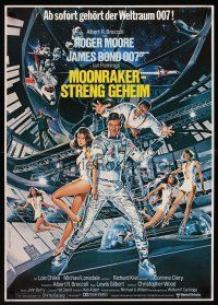 7b432 MOONRAKER German '79 art of Roger Moore as James Bond & sexy space babes by Goozee!