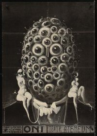 7b163 THEY Polish commercial poster '76 Starowieyski art of man with many eyes & skull women!