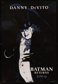 7c038 BATMAN RETURNS teaser 1sh '92 close-up of Danny DeVito as the Penguin, Tim Burton!