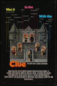 7c099 CLUE 1sh '85 Madeline Kahn, Tim Curry, Christopher Lloyd, cool board game poster design!