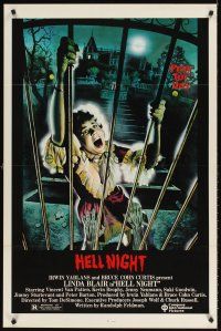 7c257 HELL NIGHT 1sh '81 artwork of Linda Blair trying to escape haunted house by Jarvis!
