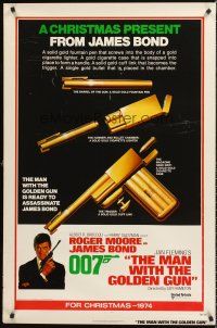 7c395 MAN WITH THE GOLDEN GUN Christmas style teaser 1sh '74 art of Roger Moore as James Bond!