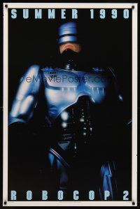7c531 ROBOCOP 2 teaser DS 1sh '90 super close up of cyborg policeman Peter Weller, sci-fi sequel!