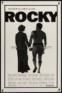 7c534 ROCKY 1sh '77 boxer Sylvester Stallone holding hands with Talia Shire, boxing classic!