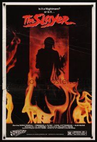 7c576 SLAYER 1sh '82 creepy silhouette in flaming doorway, this time your nightmare is real!