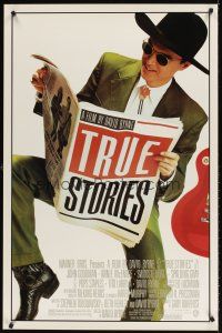 7c662 TRUE STORIES style B 1sh '86 giant image of star & director David Byrne reading newspaper!