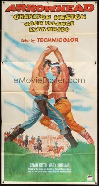 7e507 ARROWHEAD 3sh '53 art of Charlton Heston fighting Native American Jack Palance!