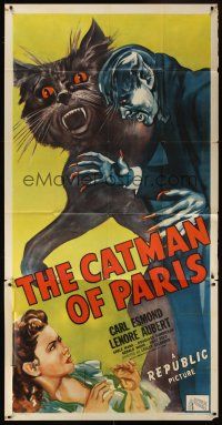 7e527 CATMAN OF PARIS 3sh '46 really cool horror art of feline monster attacking sexy girl!