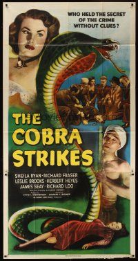 7e531 COBRA STRIKES 3sh '48 film noir, murder without motive, cool snake artwork!