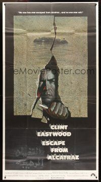 7e545 ESCAPE FROM ALCATRAZ int'l 3sh '79 cool artwork of Clint Eastwood busting out by Lettick!