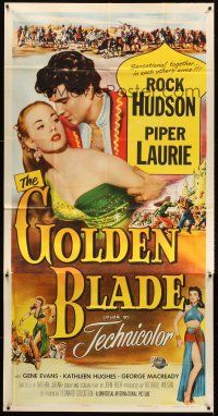 7e561 GOLDEN BLADE 3sh '53 Rock Hudson, Piper Laurie's kiss was the prize of victory!