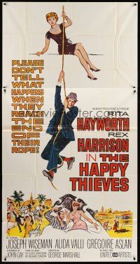 7e563 HAPPY THIEVES 3sh '62 cool artwork of Rita Hayworth & Rex Harrison climbing rope!