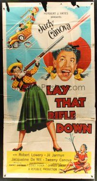 7e587 LAY THAT RIFLE DOWN 3sh '55 great wacky artwork of Judy Canova firing big gun!