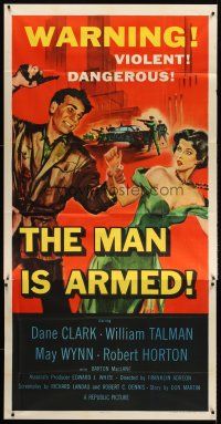 7e593 MAN IS ARMED 3sh '56 art of violent dangerous Dane Clark with gun grabbing sexy May Wynn!
