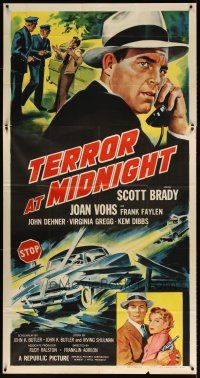7e680 TERROR AT MIDNIGHT 3sh '56 Scott Brady, Joan Vohs, film noir, cool car crash art!