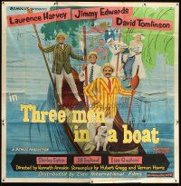 7e007 THREE MEN IN A BOAT English 6sh '56 wacky art of Laurence Harvey & co-stars on gondola!