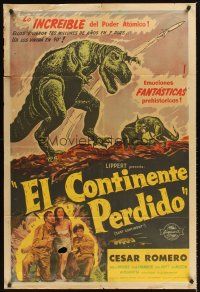 7e222 LOST CONTINENT Argentinean '51 cool art of modern man against prehistoric monster!