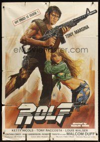 7e423 ROLF Italian 1p '84 art of guy with girl & big gun, rip-off of Frazetta's Gauntlet art!