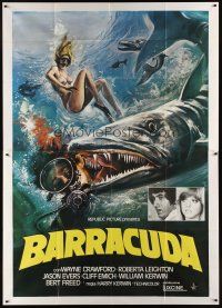 7e082 BARRACUDA Italian 2p '78 great art of huge killer fish attacking diver + sexy diver w/gun!