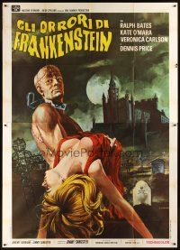 7e106 HORROR OF FRANKENSTEIN Italian 2p '72 Hammer, different Crovato art of monster & sexy girl!