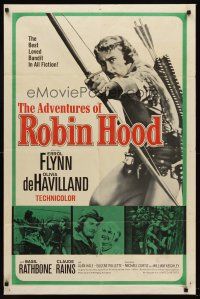 7g035 ADVENTURES OF ROBIN HOOD 1sh R64 Errol Flynn as Robin Hood, Olivia De Havilland!