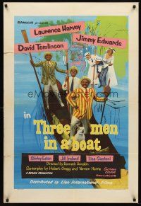 7g019 THREE MEN IN A BOAT English 1sh '56 wacky art of Laurence Harvey & co-stars on gondola!