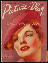 7j090 PICTURE PLAY magazine November 1936 wonderful artwork of Katharine Hepburn, her four loves!