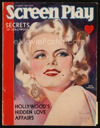 7j044 SCREEN PLAY magazine June 1931 great art of sexy smiling Jean Harlow by Henry Clive!