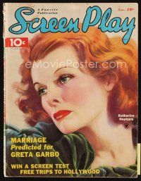7j051 SCREEN PLAY magazine November 1935 cool artwork portrait of Katharine Hepburn!