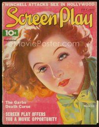 7j050 SCREEN PLAY magazine September 1934 great artwork of pretty Myrna Loy by Al Wilson!