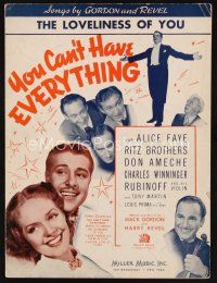 7p310 YOU CAN'T HAVE EVERYTHING sheet music '37 Alice Faye, Ritz Bros, Ameche,The Loveliness of You