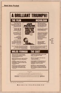 7p377 ONE FLEW OVER THE CUCKOO'S NEST pb '75 great c/u of Jack Nicholson, Milos Forman classic!