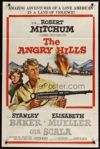 7r044 ANGRY HILLS 1sh '59 Robert Aldrich, cool artwork of Robert Mitchum with big machine gun!