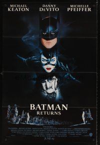 7r078 BATMAN RETURNS advance DS 1sh '92 image of Michael Keaton, Danny DeVito, Michelle Pfeiffer!