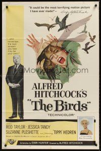 7r001 BIRDS 1sh '63 Alfred Hitchcock shown + art of Tippi Hedren attacked by birds!