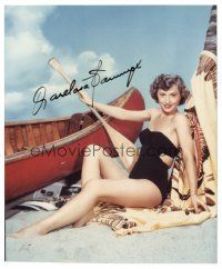 7t519 BARBARA STANWYCK signed color 8x9.75 REPRO still '80s in sexy bathing suit by canoe!