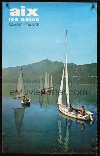 8a257 AIX LES BAINS SAVOIE FRANCE French travel poster '60s wonderful image of boats on lake!