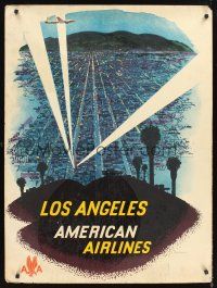 8a259 AMERICAN AIRLINES LOS ANGELES travel poster '60 art of airplane over city & searchlights!